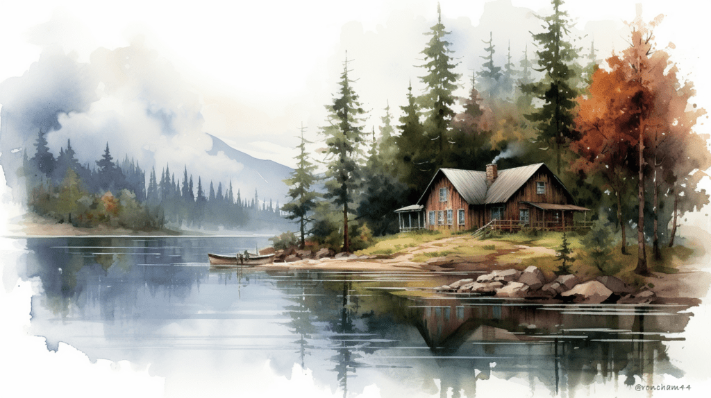 Digital Watercolor cabin by a lake