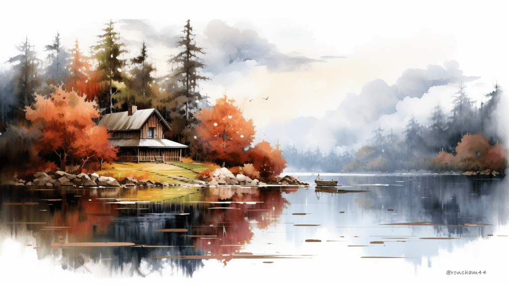 Digital Watercolor Cabin by a Lake autumn