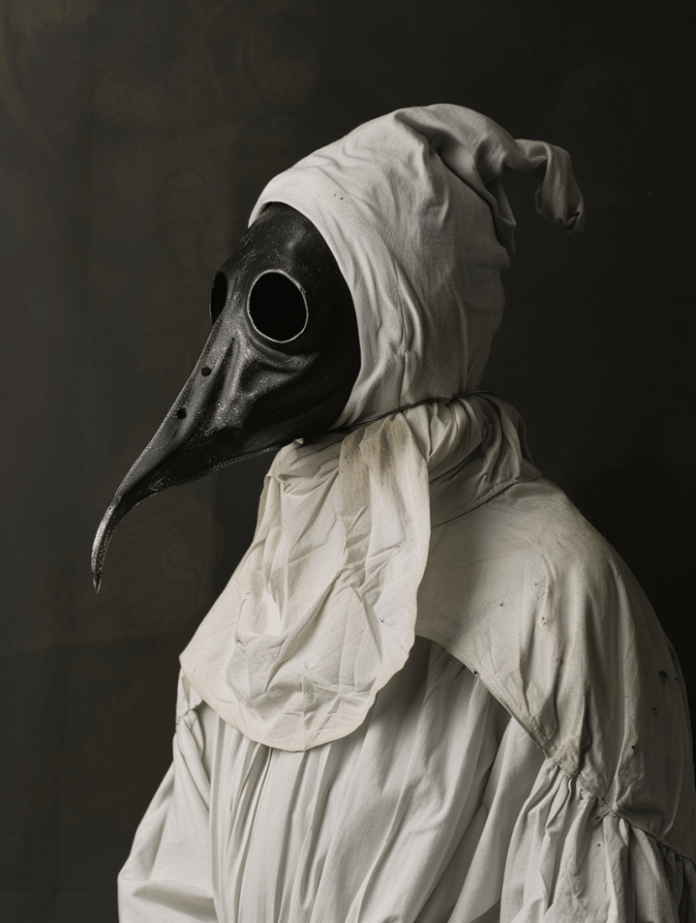 a medieval doctor wearing a plague mask, black plague in europe, 1341, Baroque --ar 3:4 --v 6.0