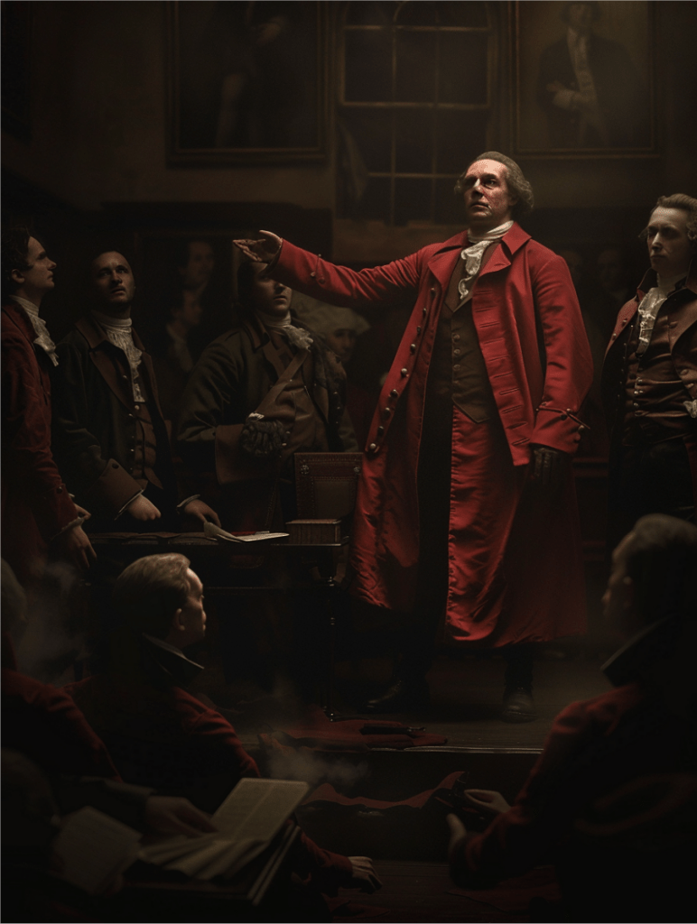 1775, Patrick Henry proclaims "Give me liberty or give me death" speech, Historical realism scene, photography, chiaroscuro portraiture, 32K UHD, meticulous design, against a dark background --v 6.0 --ar 3:4