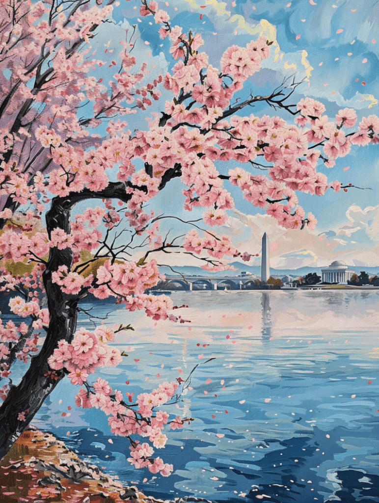 cherry trees in blossom along the potomac river