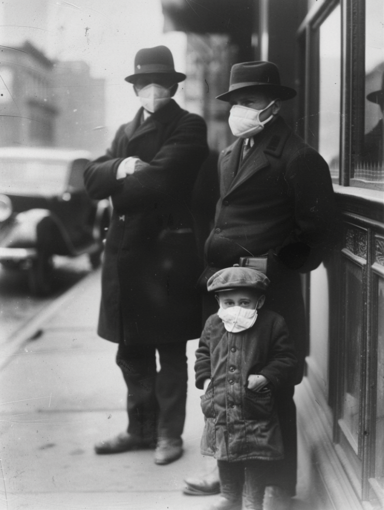 Ai generated. People wearing masks, 1918 Spanish Flu