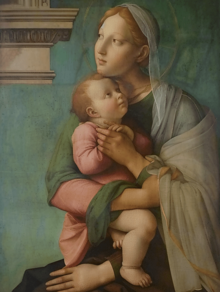 Ai : Michelangelo painting depicting a mother holding a baby