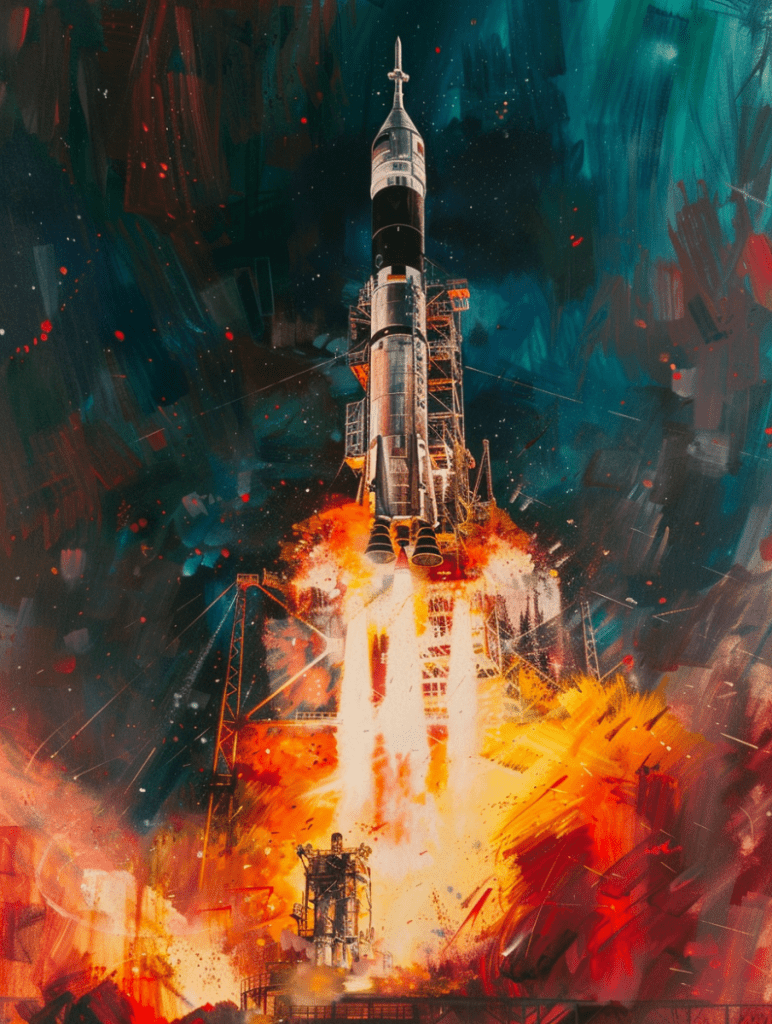 Worm's eye view | Apollo 13 | launching off a launchpad | 1970 | color --ar 3:4 --v 6.0