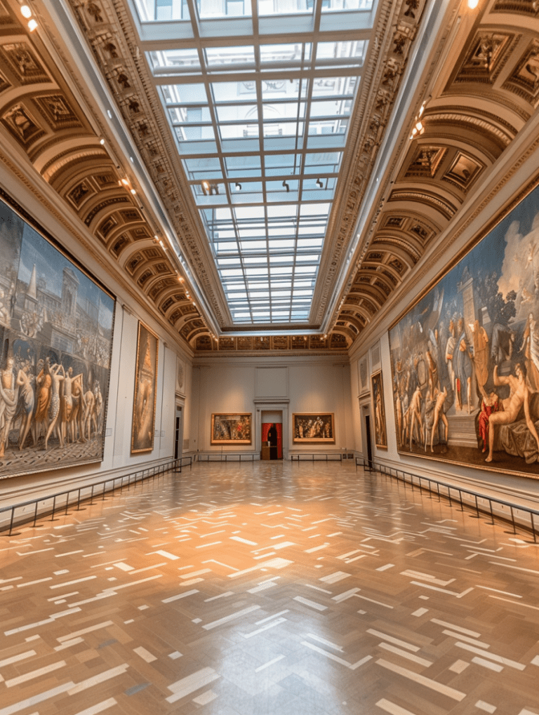 a room showing Renaissance art work on the walls of the Metropolitan Museum of Art , glass ceiling --ar 3:4 --v 6.0