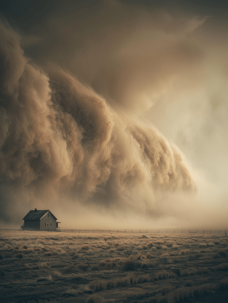 A vast, expansive view of the plains as a massive dust storm rolls in, engulfing the horizon. The foreground shows scattered wildlife rushing to shelter, under a dark, ominous sky. Created Using: dramatic scale, environmental storytelling, intense atmosphere, glibatree prompt, dynamic composition, vivid contrast, impending sense of doom, natural disaster --ar 3:4 --v 6.0