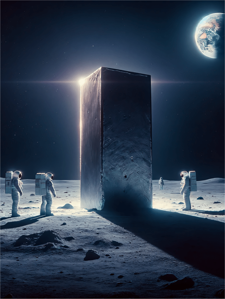 A cinematic portrayal of the iconic monolith on the Moon