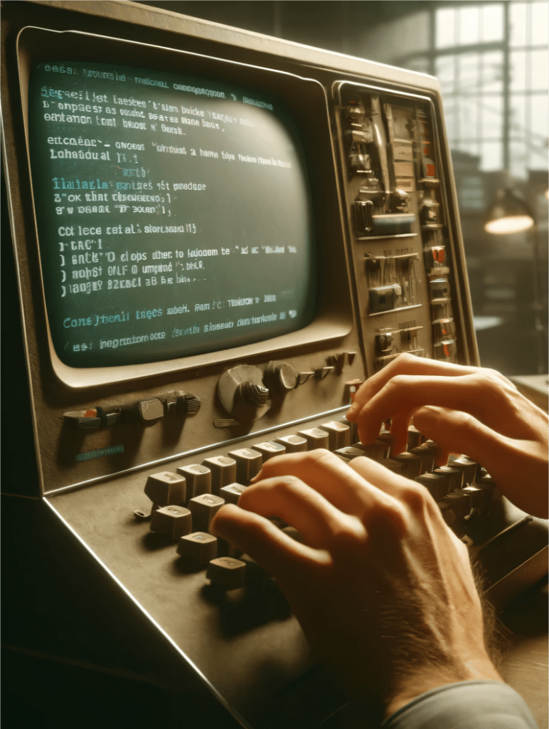 An over-the-shoulder view of a programmer in the early 1960s, typing COBOL code on a bulky, vintage computer. The focus is on the hands and the screen, showing the interaction between human and machine. Created Using: historical authenticity, dynamic typing action, tactile interaction, focused lighting on hands and screen, emotional engagement, narrative depth, vintage computing environment, sharp details, ambient office.