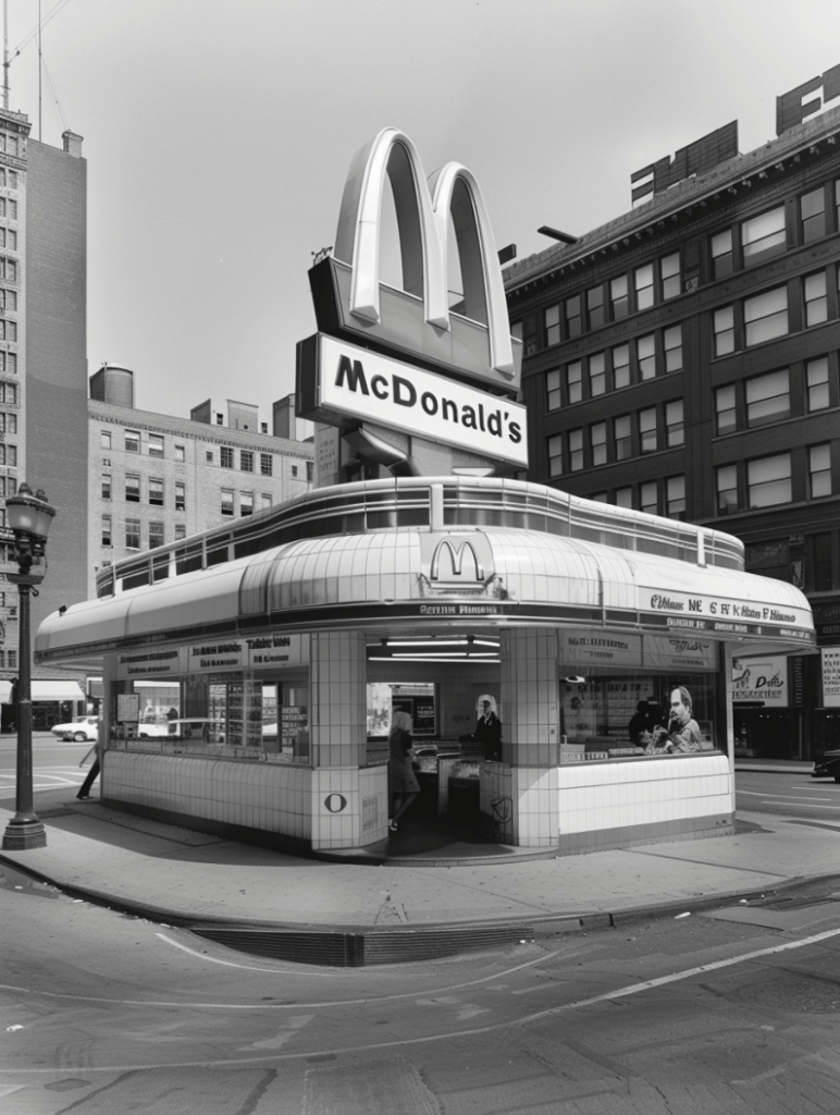 distinctive white-tiled building, the first "McDonald's" restaurant --v 6.0 --ar 3:4