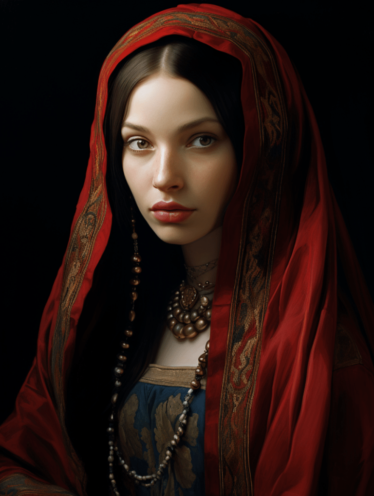 an old painting of Anne Boleyn wearing an French hood, in the style of hans holbein the younger, sigma 85mm f/1.4 dg hsm art, traditional color scheme, northern and southern dynasties --ar 3:4 --v 5.2